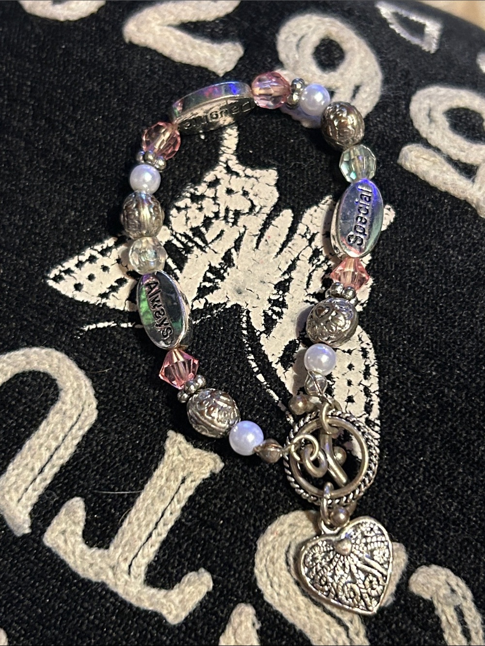 Silver-Tone Heart Charm Bracelet with Pink & Iridescent Beads